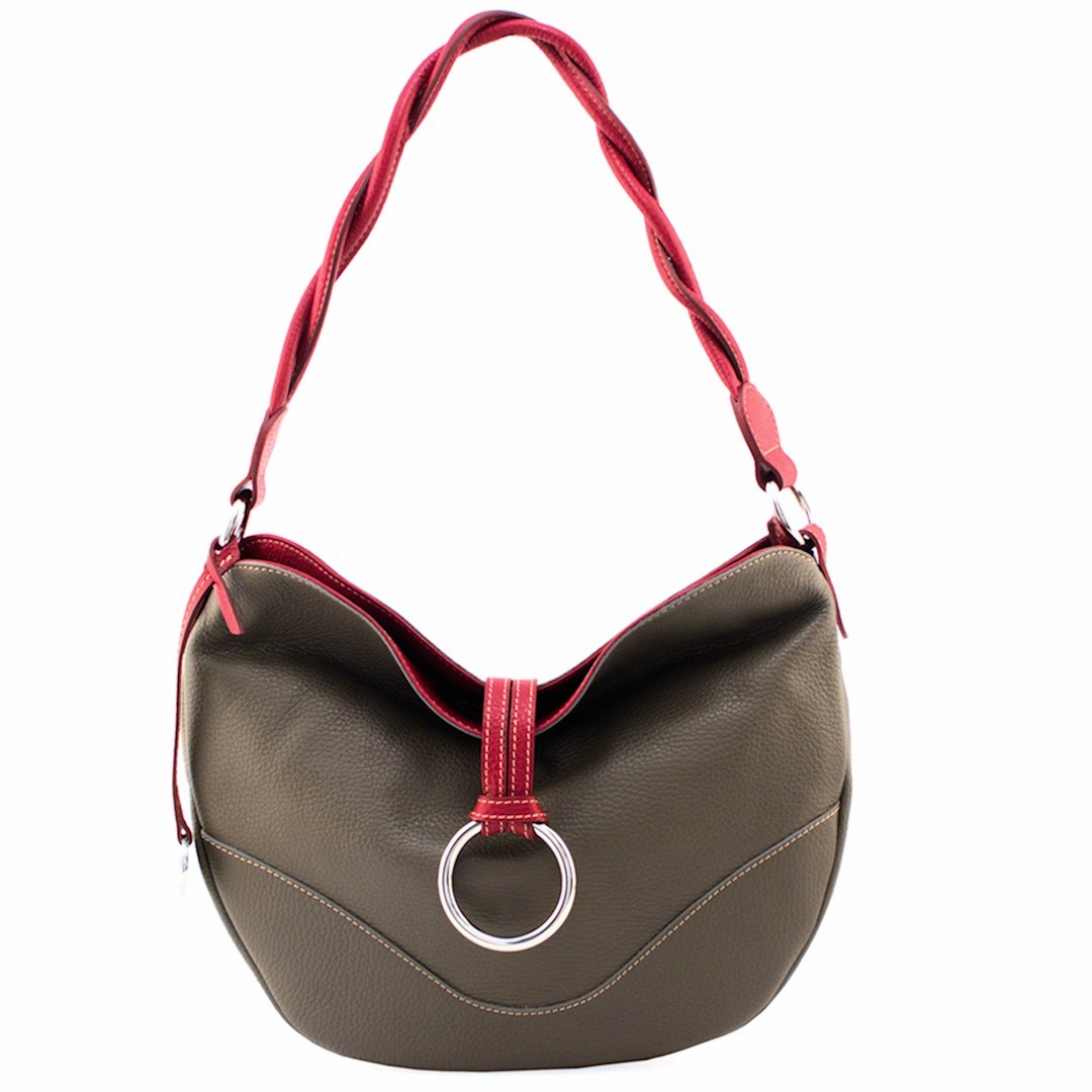 Alba-italian leather hobo bag for women in mud color with red trims-sku 2277