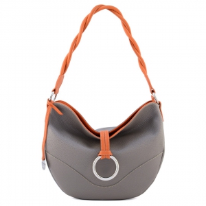 Small italian leather hobo bag in taupe color with orange trims - Alba - sku 2277