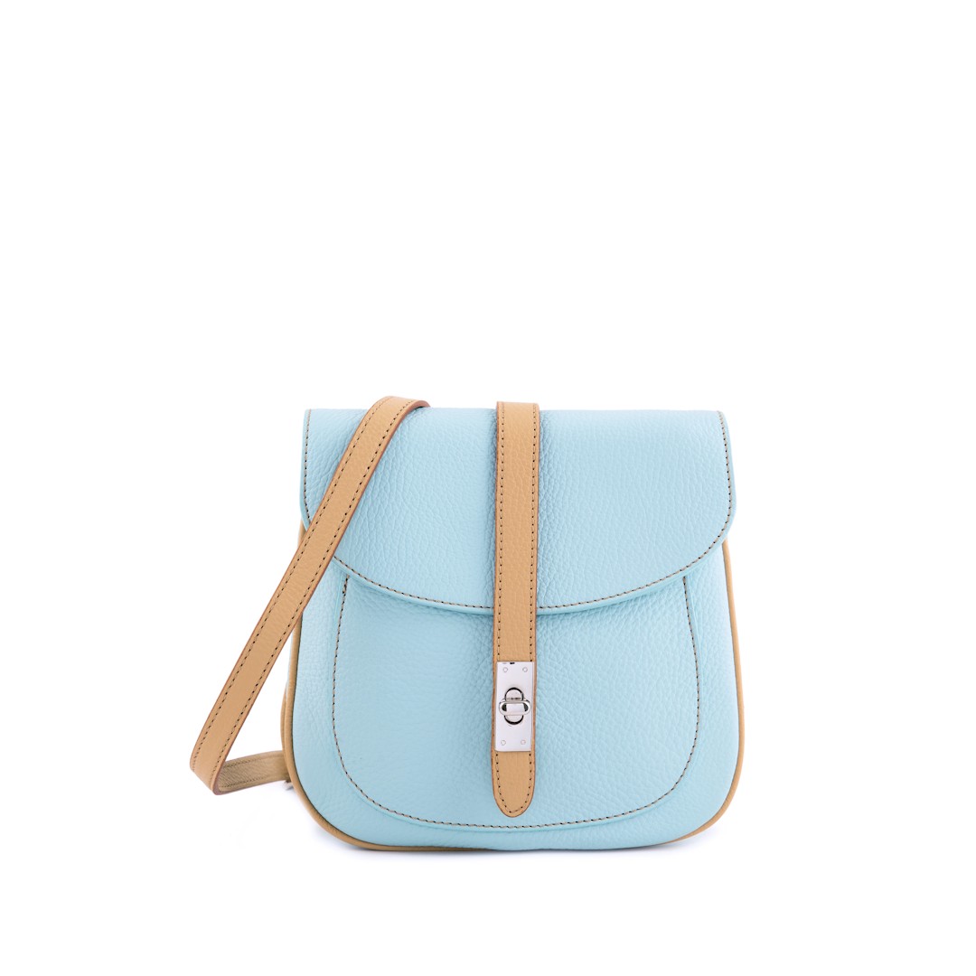 small leather crossbody bag in acqua blue color with beige trims-Chiara Bag- Sku 2497