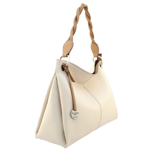 Side view - Large leather hobo bag in cream color with camel trims - Vittoria-Sku 2808