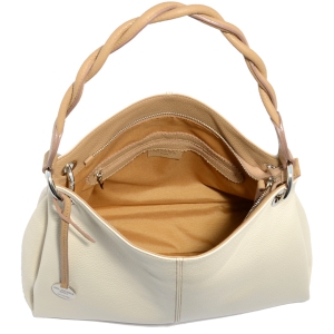 Inteior view - Large leather hobo bag in cream color with camel trims - Vittoria-Sku 2808