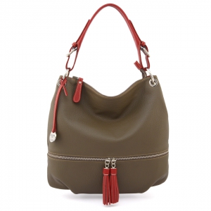 Sabrina S-italian leather hobo bag in mud color with red trims-sku 2813