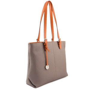 Side view - Large leather tote bag for women in taupe color with orange trims - Dafne T-Sku 2836