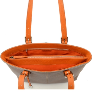 Top view - Large leather tote bag for women in taupe color with orange trims - Dafne T-Sku 2836