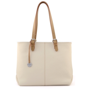 Large leather tote bag for women in cream color with camel trims - Dafne T-Sku 2836