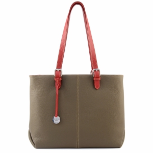 Large leather tote bag for women in mud color with cherry red trims - Dafne T-Sku 2836
