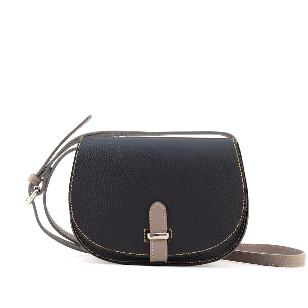 Irina 21-women's italian leather crossbody bag in black color with taupe trims-sku 2868