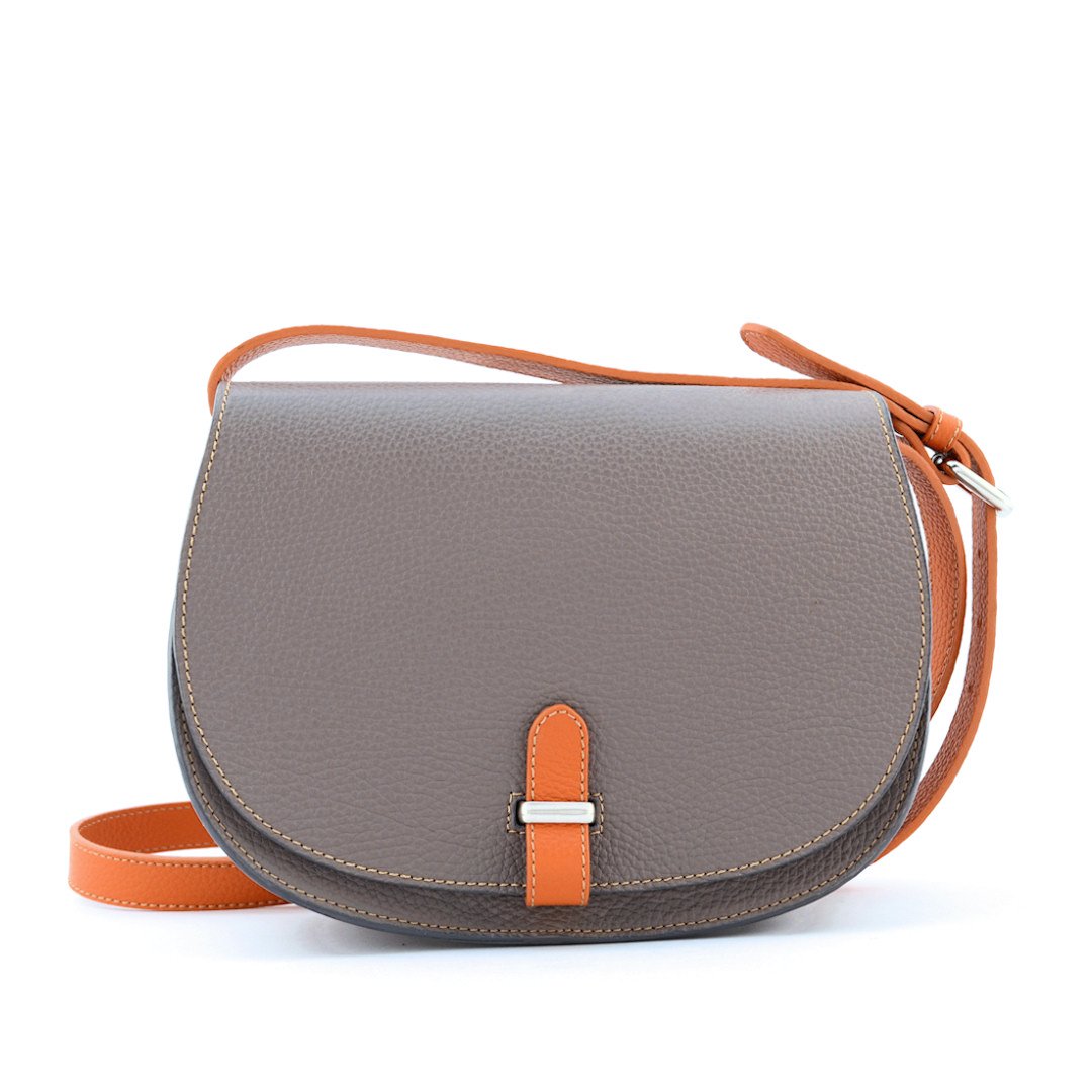 Irina 25-women's italian leather crossbody bag in taupe color with orange trims-sku 2869