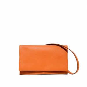 italian handmade leather crossbody-clutch bag in orange color