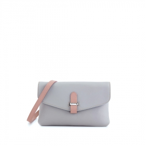 leather crossbody clutch bag with flap closure grey with pink trims front view