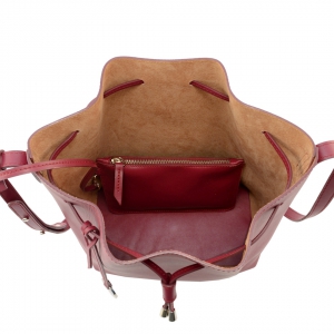 Handcrafted Italian large leather bucket bag in cerise color - Interior view - Tara-Sku 2913