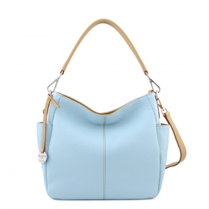 Donata S-women's italian leather shoulder bag in acqua blue color and beige trims-sku 2935