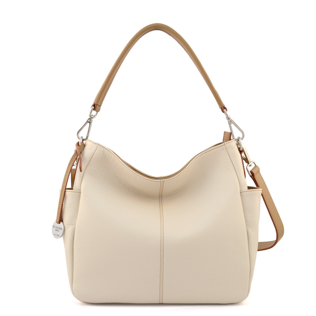 Donata S-handmade italian leather shoulder bag in cream color with biscuit trims-sku 2935
