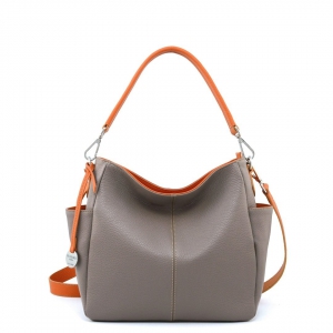 Donata S-women's italian leather shoulder bag in taupe color and orange trims-sku 2935