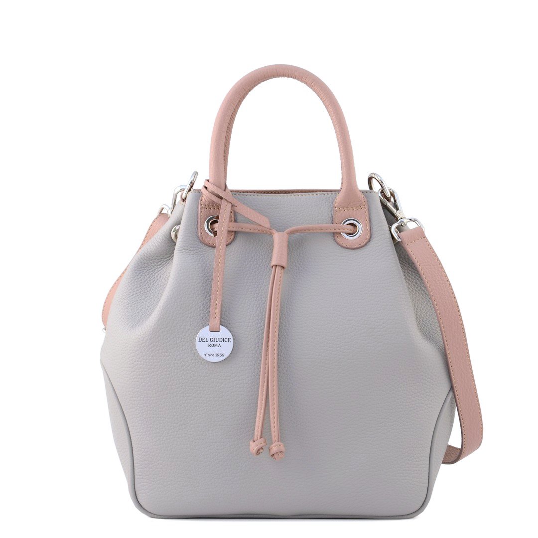 Milena-italian leather bucket bag in ash grey color with pink tourmaline trims-sku 2953