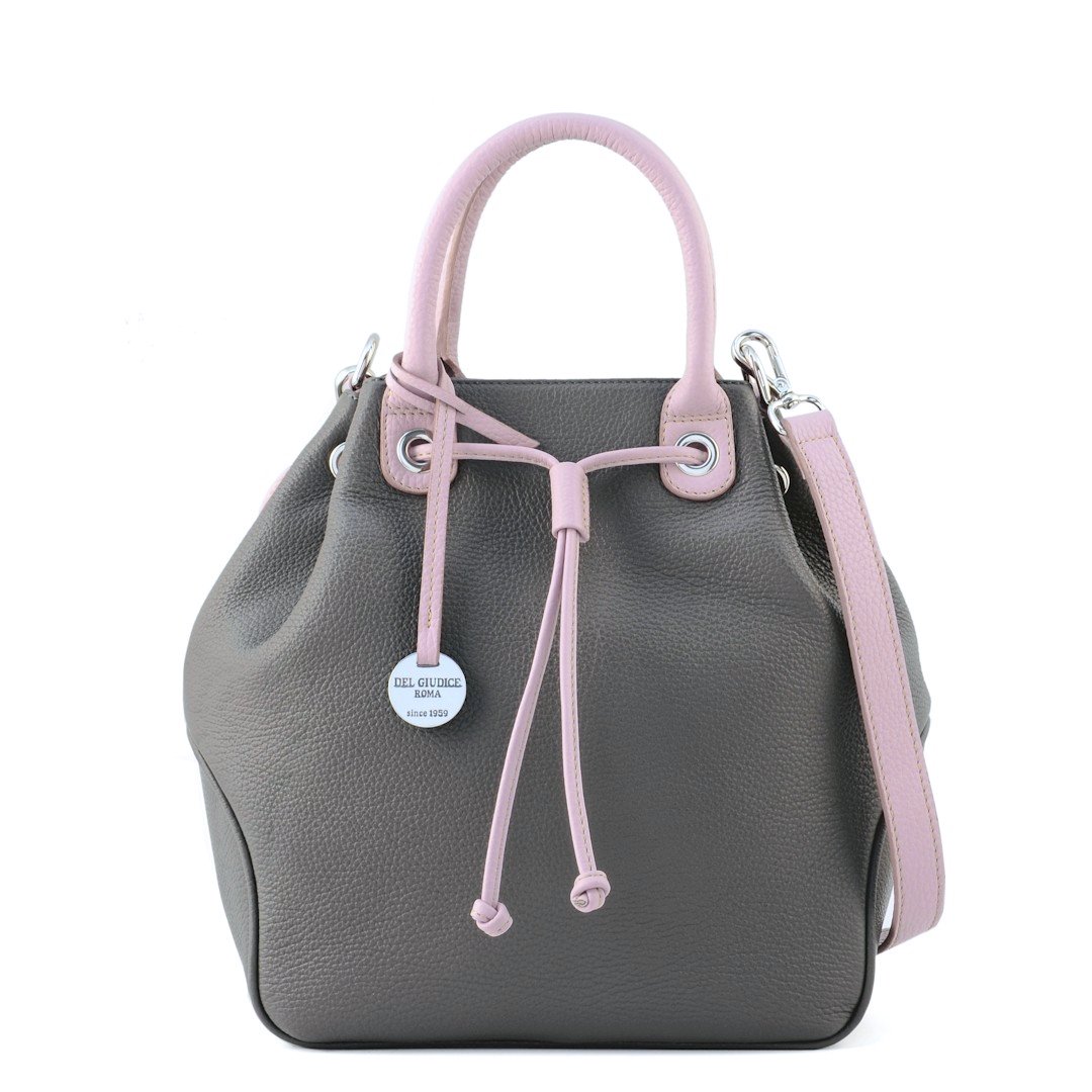 Milena-italian leather bucket bag in grey color with lilac trims-sku 2953