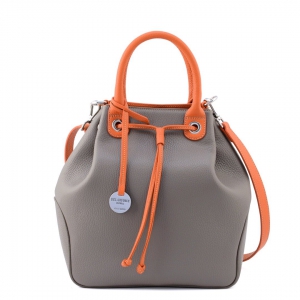 Milena-italian leather bucket bag in taupe color with orange trims-sku 2953
