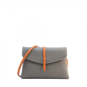 Leila-italian leather crossbody bag in taupe color with orange trims-sku 2955