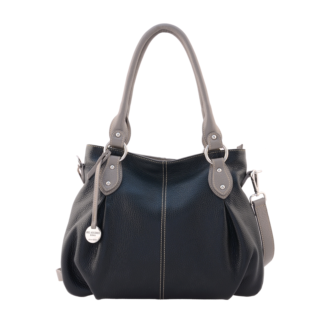 Jessica S-Italian leather shoulder bag for women in black color with taupe trims-Sku 2763