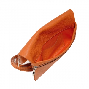 italian handmade leather crossbody-clutch bag in orange color interior view