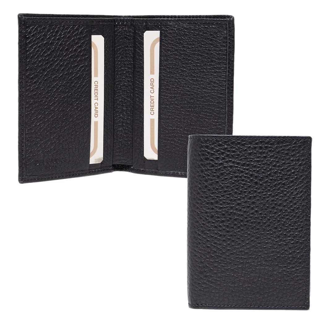 leather bifold card holder wallet, open and closed in black color