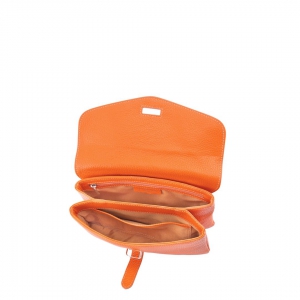 Piccola borsa a tracolla in pelle colore arancio artigianale vista interna