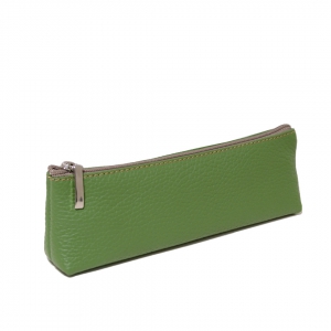 Handmade italian leather pencil pouch in green caterpillar color