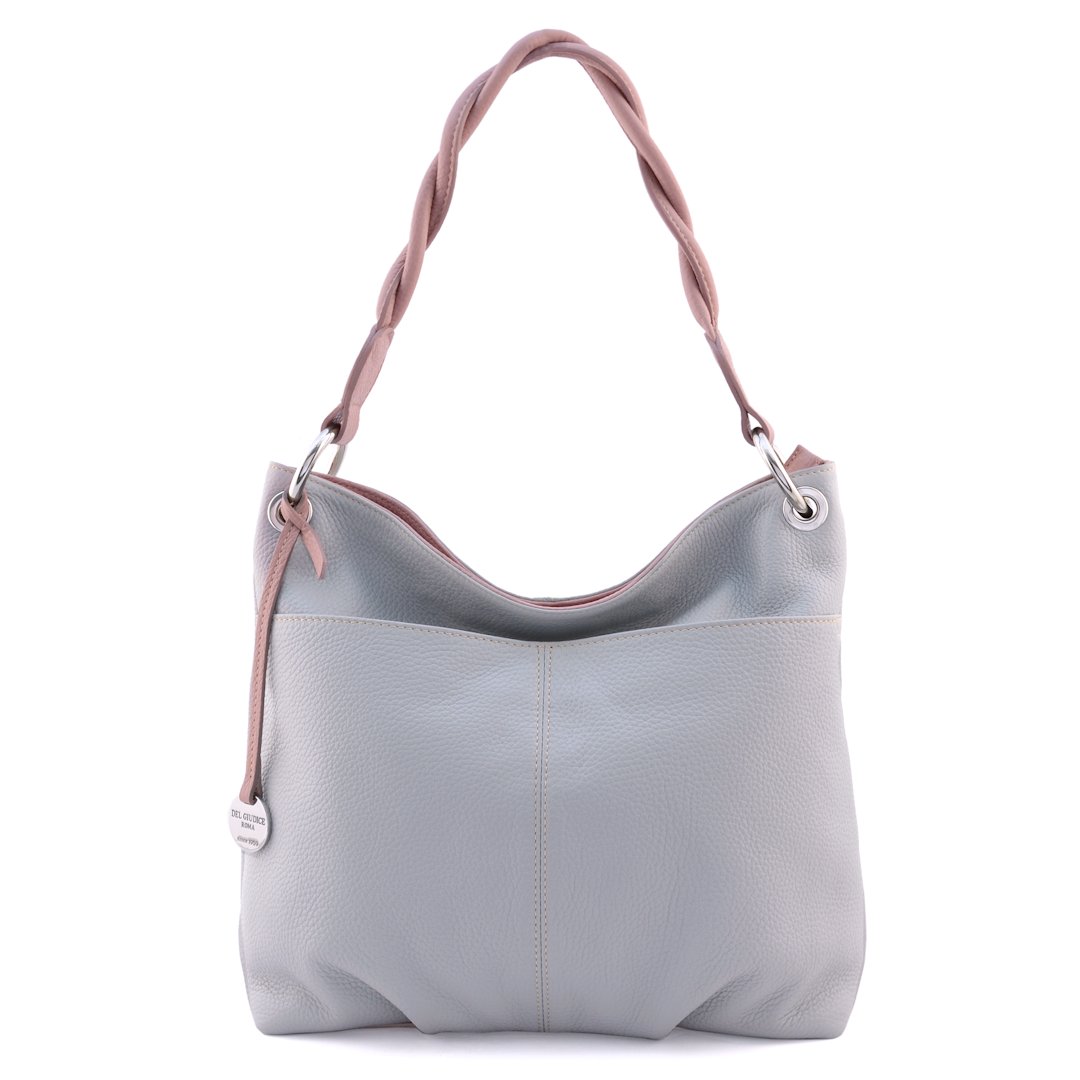 Simonetta S | Italian leather hobo bag for women in ash grey color with pink trims