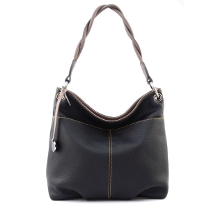 Simonetta S | Italian leather hobo bag for women in black color with taupe trims