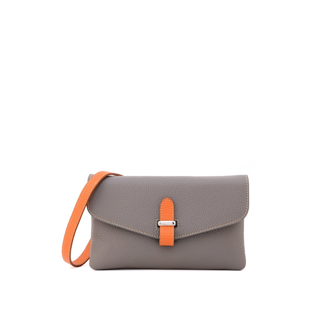 leather crossbody clutch bag with flap closure grey with orange trims front view
