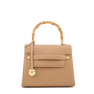 bamboo handle bag in beige leather front view