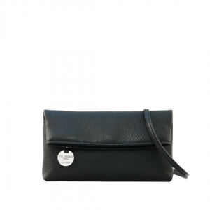 foldover clutch in leather with crossbody strap black front view