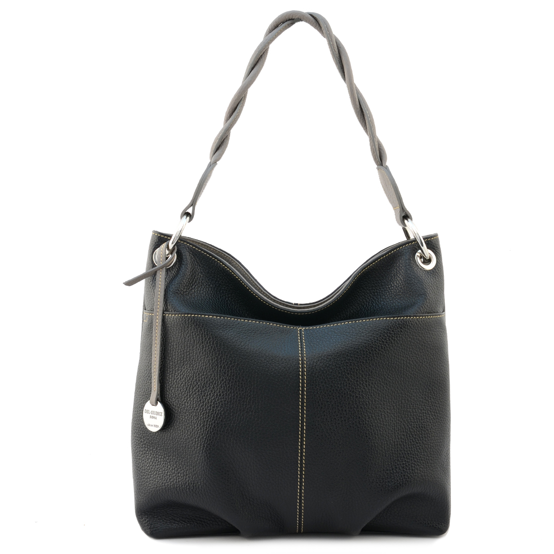 Simonetta S | Italian leather hobo bag for women in black color with taupe trims