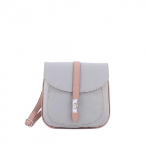 Small Italian leather crossbody bag in light grey with pink trims – Chiara