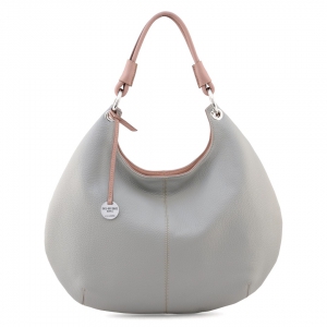 Soft leather hobo bag in ash grey color with pink trims - Moon-Sku 2531