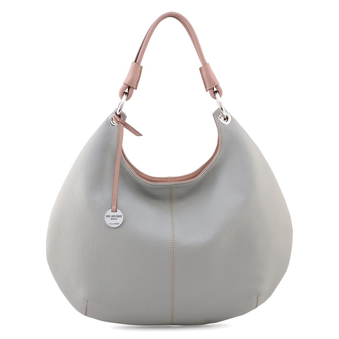 Moon-Italian leather hobo bag in ash grey color and pink trims-Sku 2531
