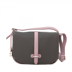 Borsa tracolla donna in pelle grigia con finiture rosa artigianale - Del Giudice Roma