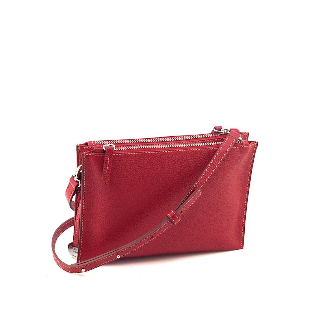 Linda-italian leather double zipper crossbody bag in cherry red color-sku 2970