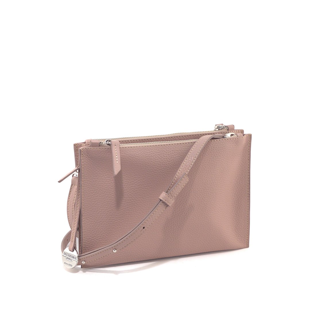 Linda-italian leather double zipper crossbody bag in pink tourmaline color-sku 2970