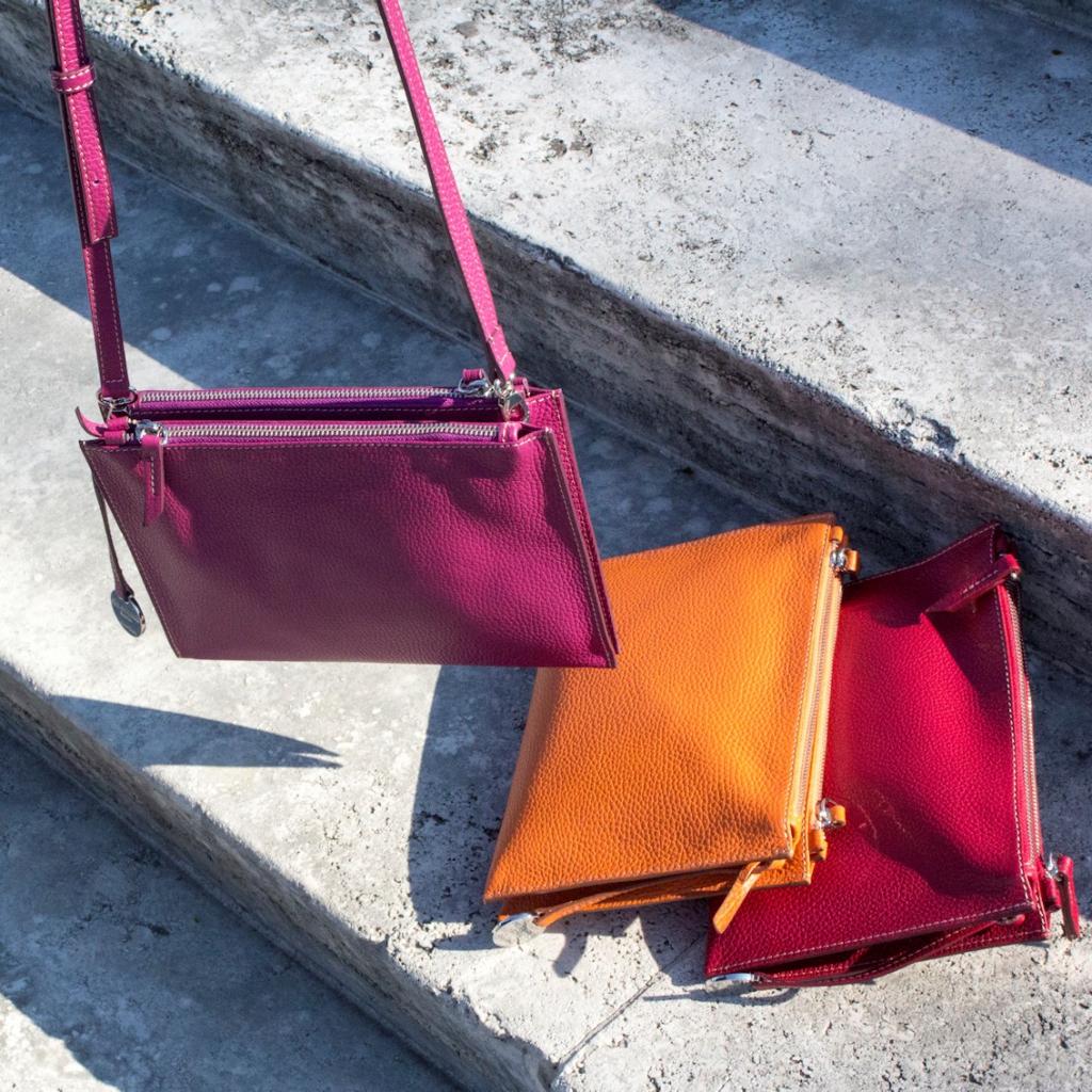 Double Zipper Crossbody Bags Linda in Magenta, Cherry and Orange on our photoshoot in EUR Rome