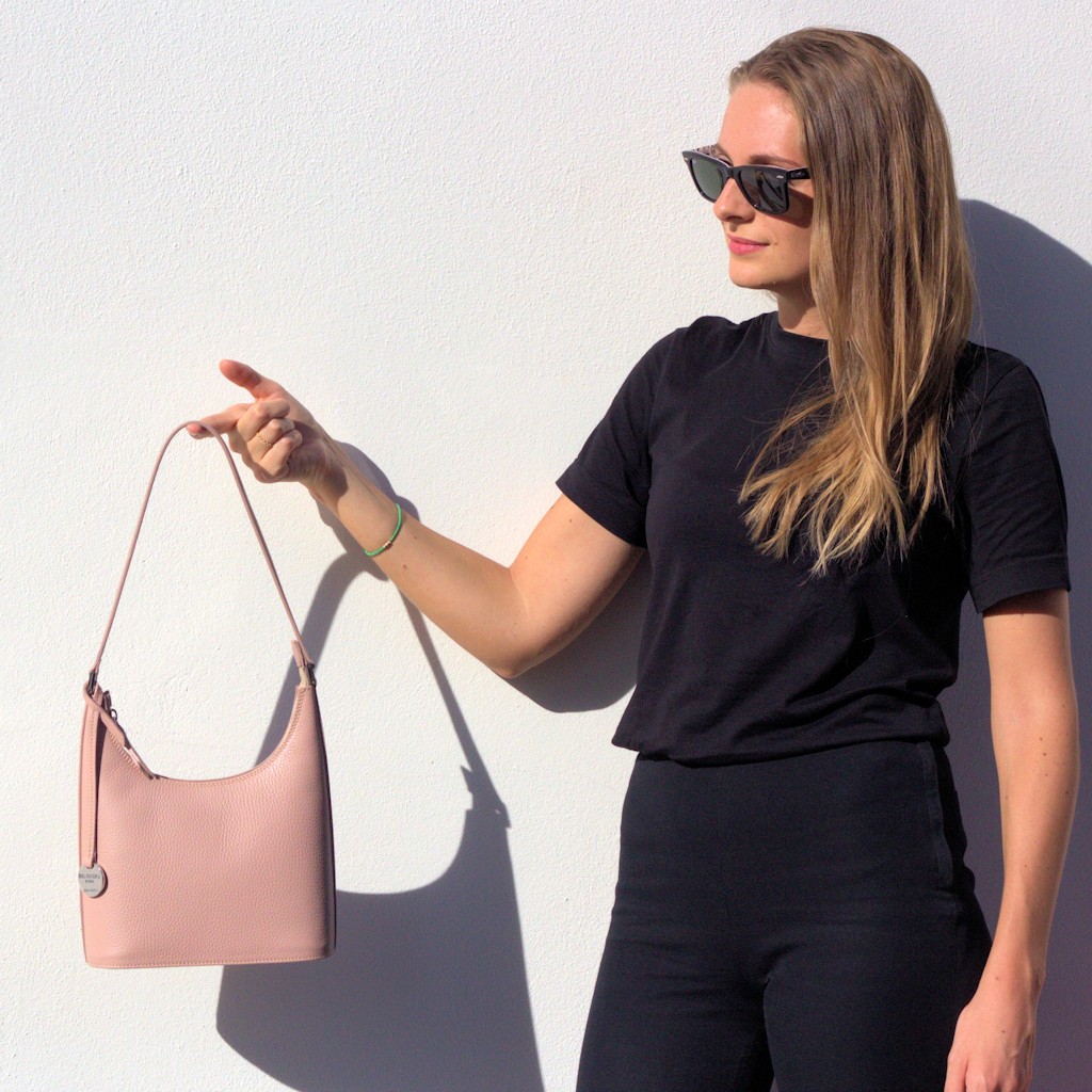 Shoulder Leather Bag Carlotta in Tourmaline Worn by Women 2 in Maxxi Museum in Rome