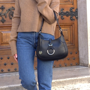 Italian small leather shoulder bag black - Worn view - Flavia-SKU 2260