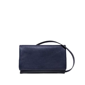 small leather crossbody clutch bag navy blue front view