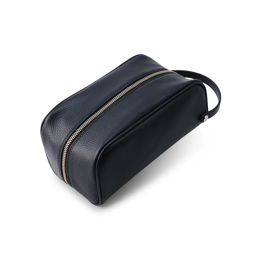 Handmade Italian leather toiletry, wash, and travel bag in black for men and women