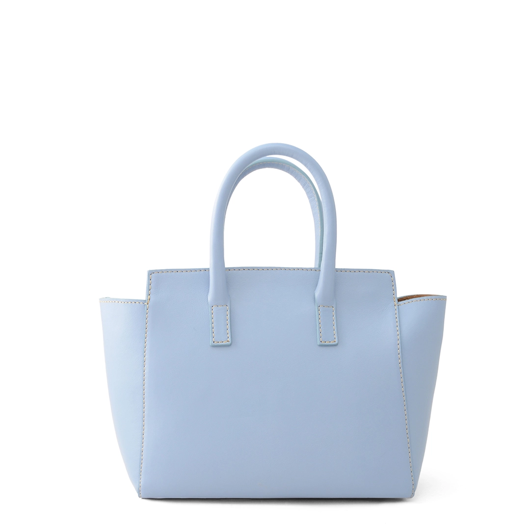 Italian Leather Handbag with straps Alexis 22 in Sky color behind detail SKU 2962