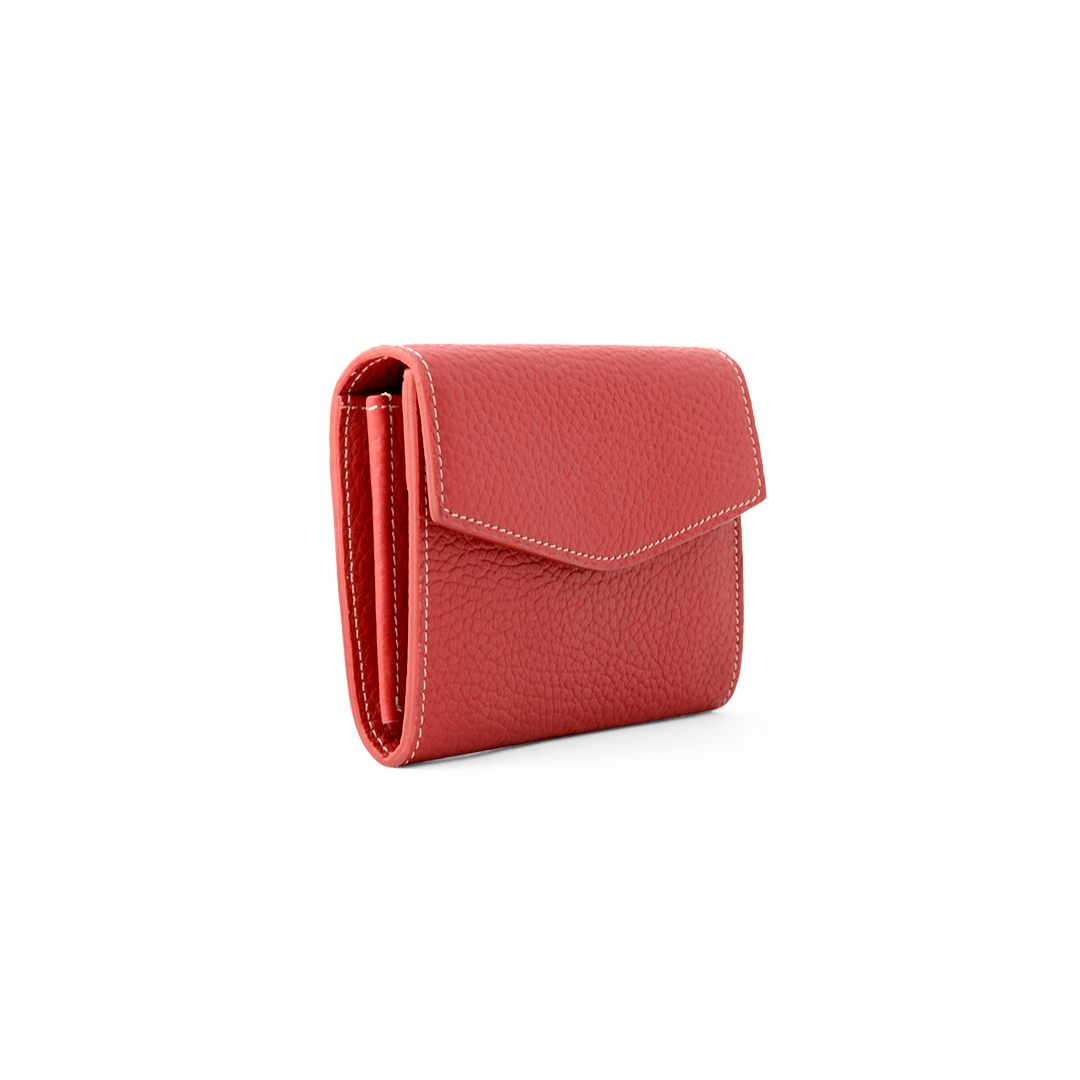 Women's compact leather wallet in cherry: side view