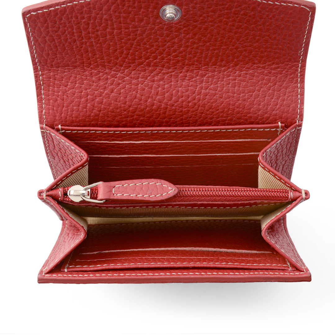 Women's compact leather wallet in cherry interior view