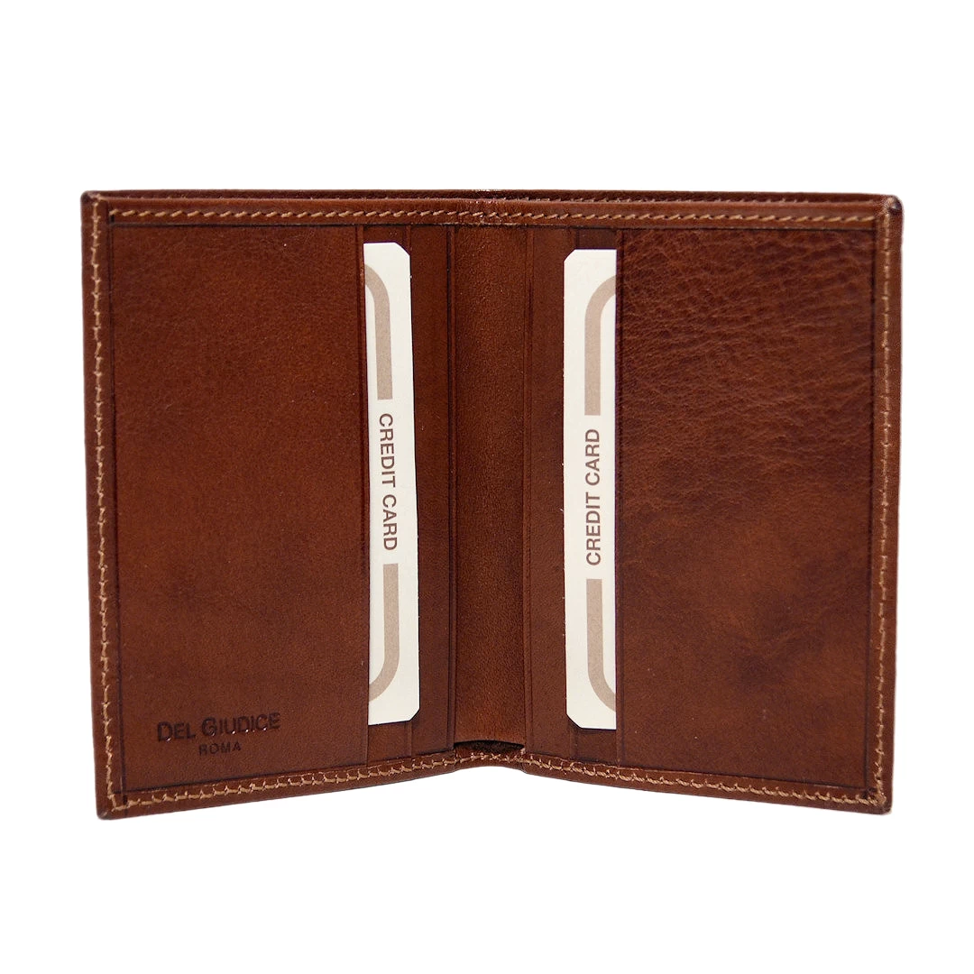 Italian full grain leather card holder with top compartment in tan brown color