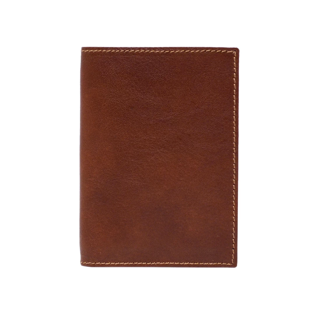 Slim bifold leather card holder for men and women in tan brown color
