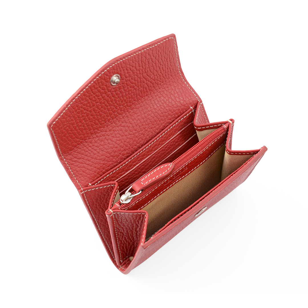Women's compact leather wallet in cherry interior view